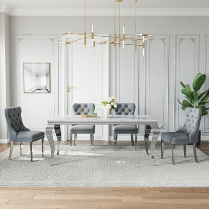 70"Modern Rectangle Faux Marble Dining Table Set for 5-7 Piece Luxury Rectangle Faux Marble Table with 4/6 Velvet Tufted Chairs - Elegant Kitchen and Dining Room Furniture, Silver/Gold Finish， Luxury Dining Table Set