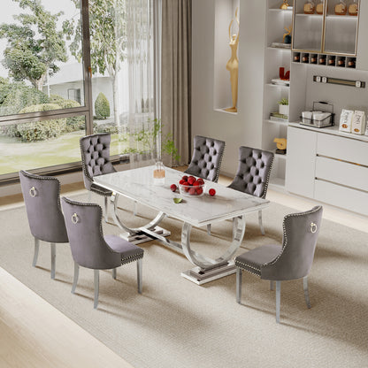 7 Piece Marble Dining Table Set, 70" Faux Marble Dining Table and Velvet Chairs for 6, 7 Piece Luxury Dining Room Table Set and 6 Upholstered Chairs with Stainless Steel Legs