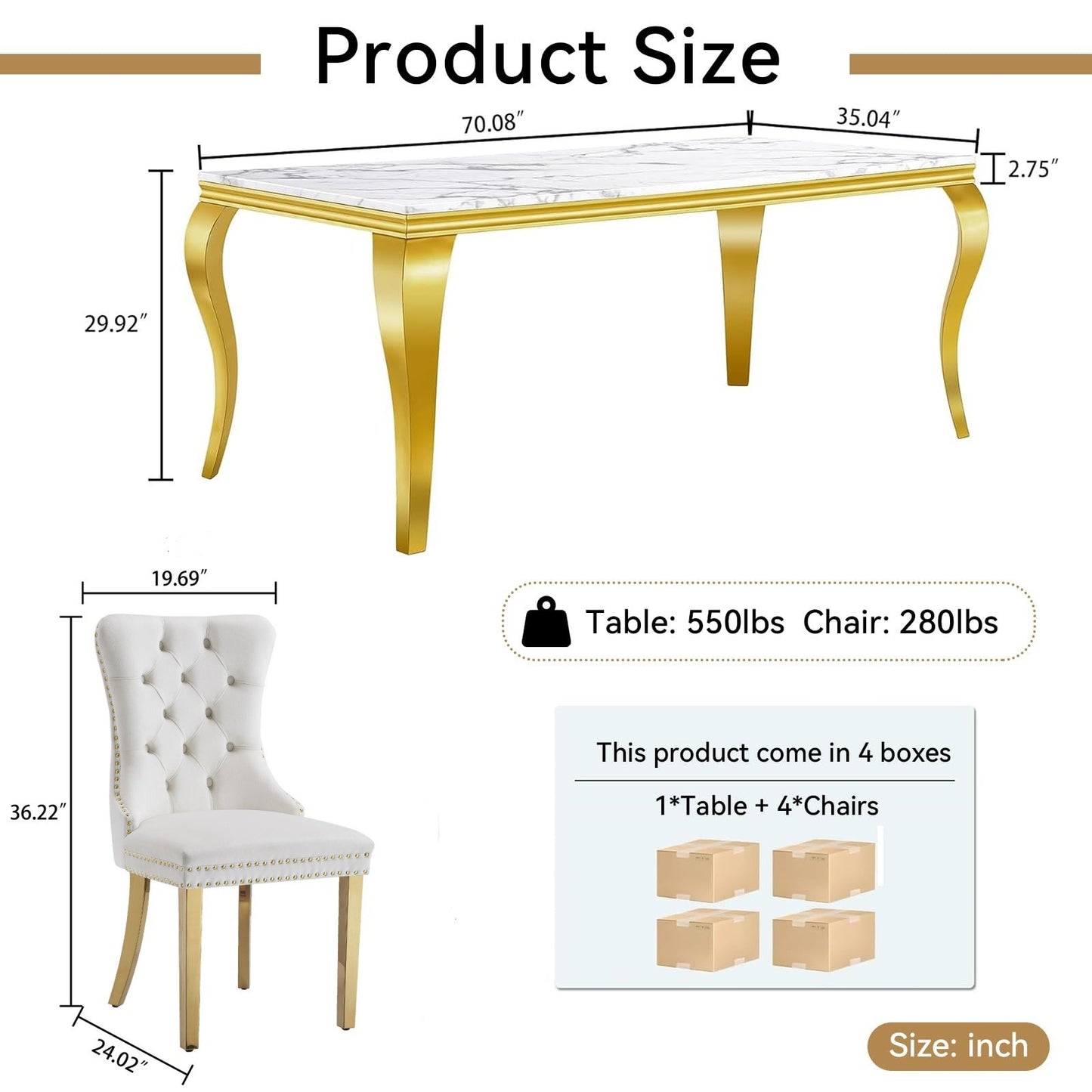 70"Modern Rectangle Faux Marble Dining Table Set for 5-7 Piece Luxury Rectangle Faux Marble Table with 4/6 Velvet Tufted Chairs - Elegant Kitchen and Dining Room Furniture, Silver/Gold Finish， Luxury Dining Table Set
