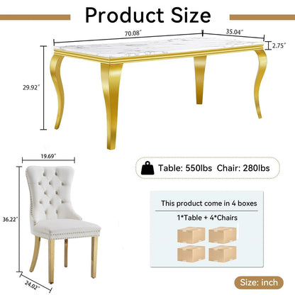 70"Modern Rectangle Faux Marble Dining Table Set for 5-7 Piece Luxury Rectangle Faux Marble Table with 4/6 Velvet Tufted Chairs - Elegant Kitchen and Dining Room Furniture, Silver/Gold Finish， Luxury Dining Table Set
