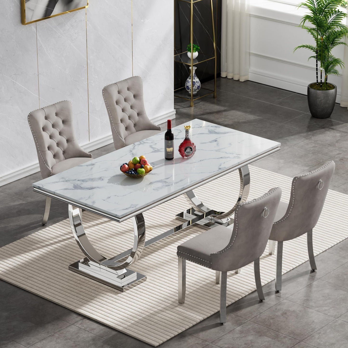 7 Piece Marble Dining Table Set, 70" Faux Marble Dining Table and Velvet Chairs for 6, 7 Piece Luxury Dining Room Table Set and 6 Upholstered Chairs with Stainless Steel Legs