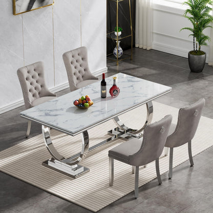 7 Piece Marble Dining Table Set, 70" Faux Marble Dining Table and Velvet Chairs for 6, 7 Piece Luxury Dining Room Table Set and 6 Upholstered Chairs with Stainless Steel Legs