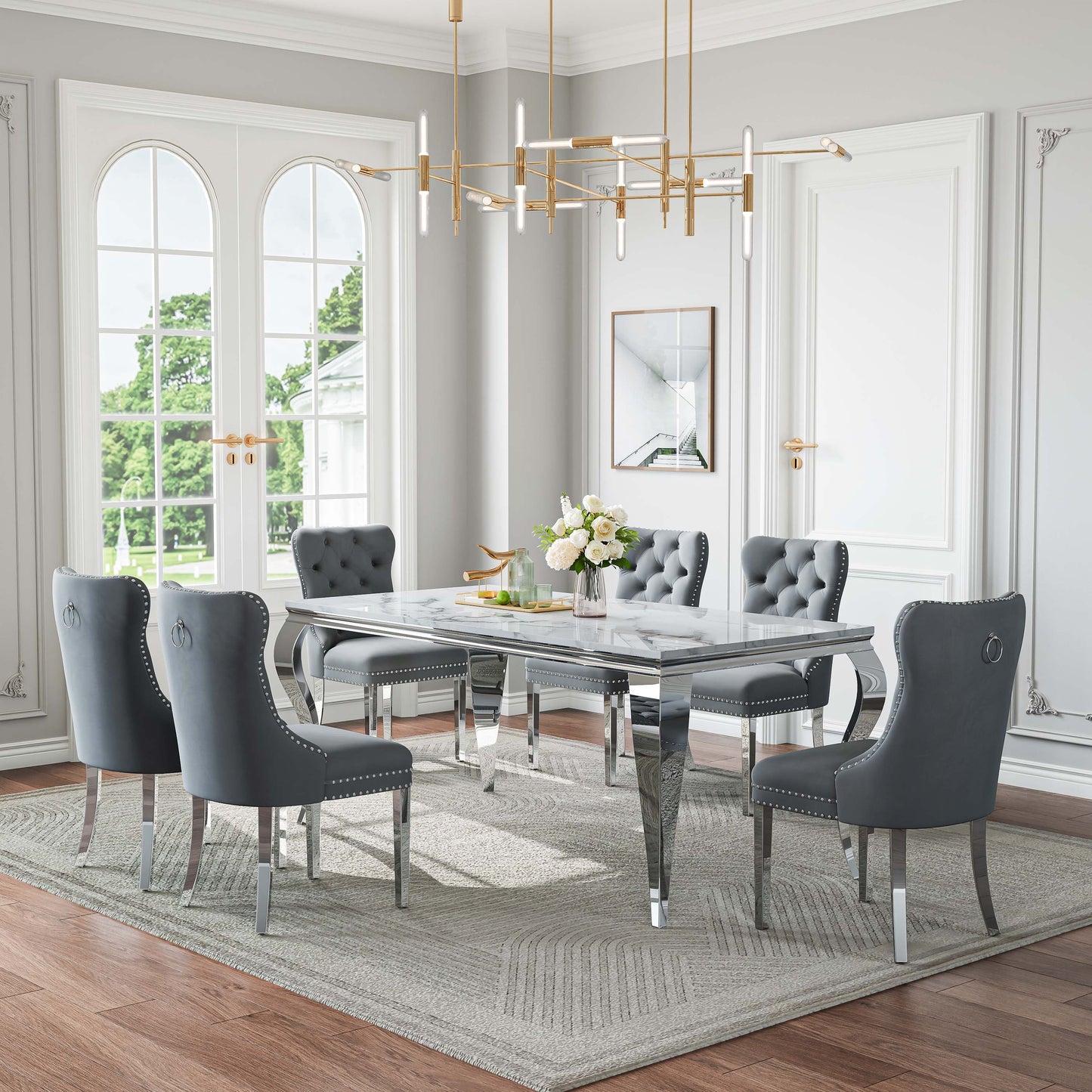 70"Modern Rectangle Faux Marble Dining Table Set for 5-7 Piece Luxury Rectangle Faux Marble Table with 4/6 Velvet Tufted Chairs - Elegant Kitchen and Dining Room Furniture, Silver/Gold Finish， Luxury Dining Table Set