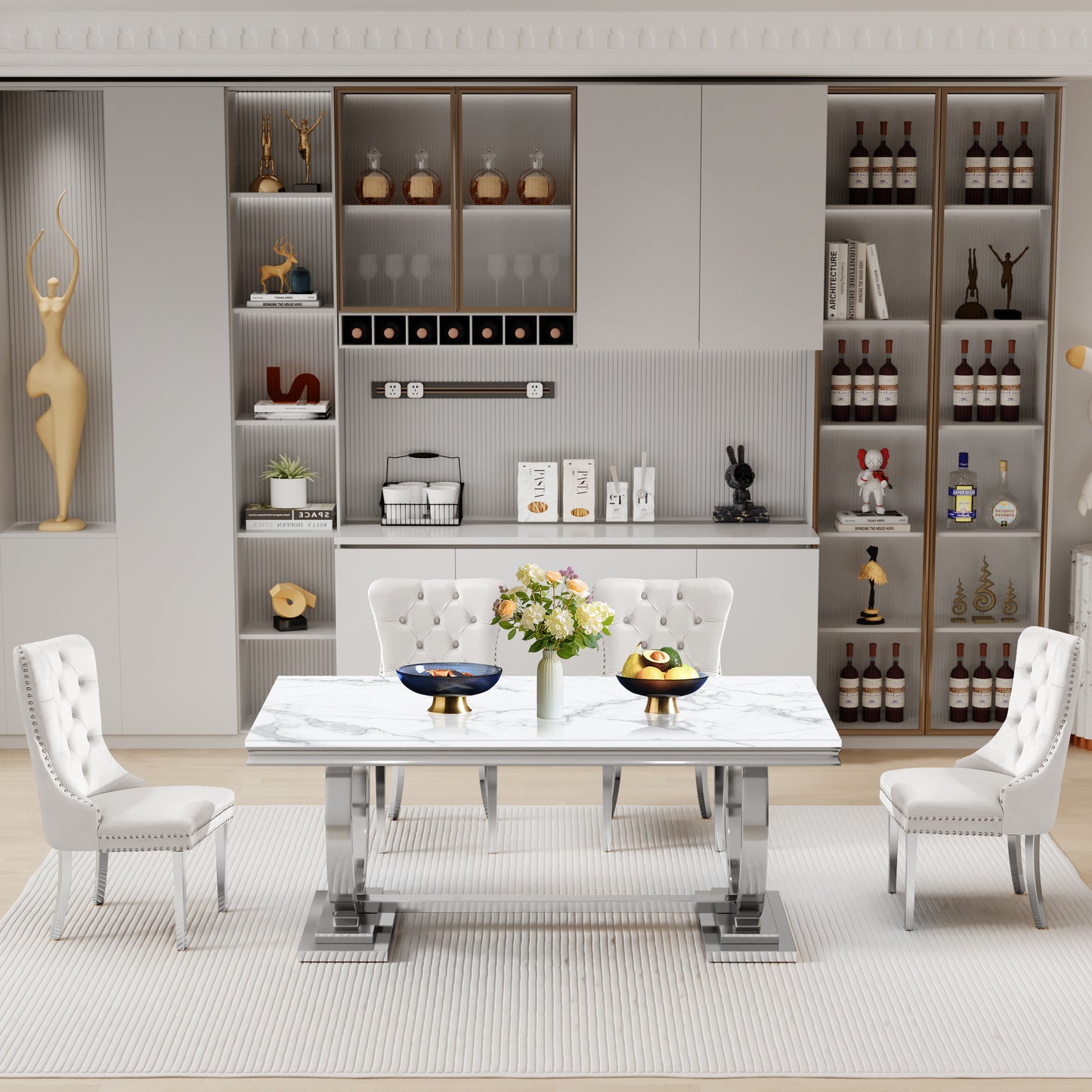 7 Piece Marble Dining Table Set, 70" Faux Marble Dining Table and Velvet Chairs for 6, 7 Piece Luxury Dining Room Table Set and 6 Upholstered Chairs with Stainless Steel Legs