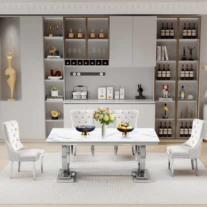 7 Piece Marble Dining Table Set, 70" Faux Marble Dining Table and Velvet Chairs for 6, 7 Piece Luxury Dining Room Table Set and 6 Upholstered Chairs with Stainless Steel Legs