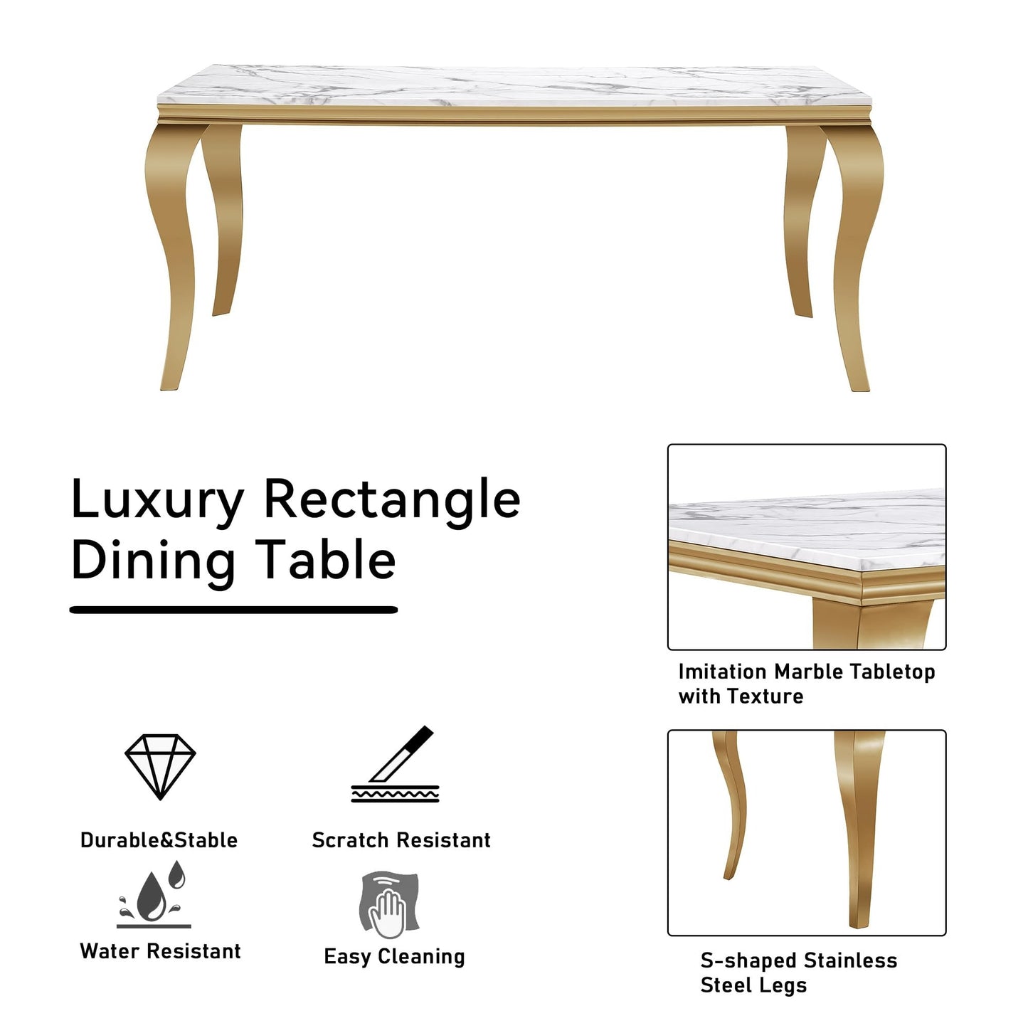 70"Modern Rectangle Faux Marble Dining Table Set for 5-7 Piece Luxury Rectangle Faux Marble Table with 4/6 Velvet Tufted Chairs - Elegant Kitchen and Dining Room Furniture, Silver/Gold Finish， Luxury Dining Table Set