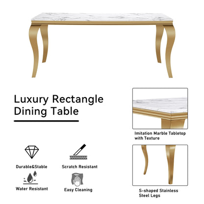 70"Modern Rectangle Faux Marble Dining Table Set for 5-7 Piece Luxury Rectangle Faux Marble Table with 4/6 Velvet Tufted Chairs - Elegant Kitchen and Dining Room Furniture, Silver/Gold Finish， Luxury Dining Table Set