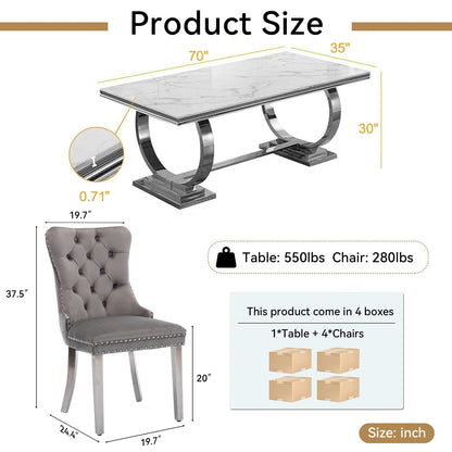 7 Piece Marble Dining Table Set, 70" Faux Marble Dining Table and Velvet Chairs for 6, 7 Piece Luxury Dining Room Table Set and 6 Upholstered Chairs with Stainless Steel Legs