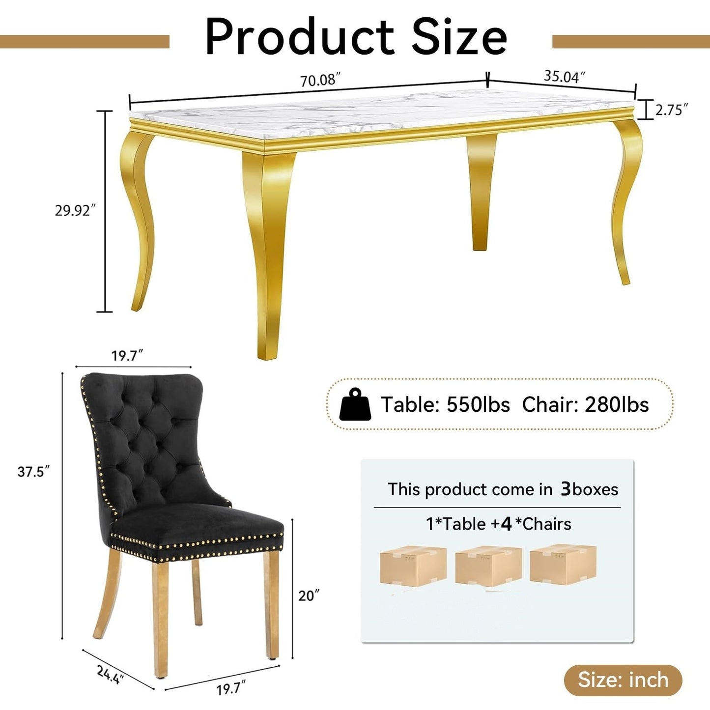 70"Modern Rectangle Faux Marble Dining Table Set for 5-7 Piece Luxury Rectangle Faux Marble Table with 4/6 Velvet Tufted Chairs - Elegant Kitchen and Dining Room Furniture, Silver/Gold Finish， Luxury Dining Table Set