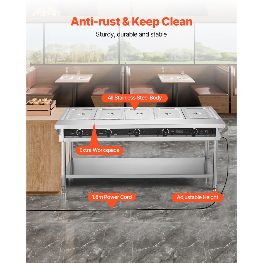 3-Pan/4-Pan/5-Pan Commercial Food Warmer Steam Table with Independent Temperature Control, 110V/220V