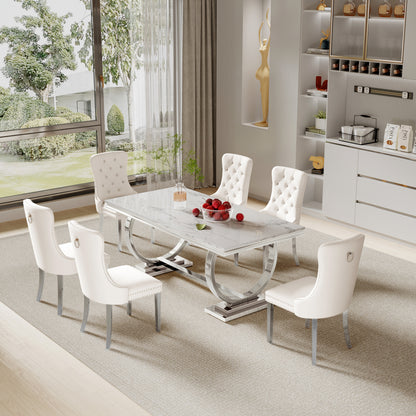 7 Piece Marble Dining Table Set, 70" Faux Marble Dining Table and Velvet Chairs for 6, 7 Piece Luxury Dining Room Table Set and 6 Upholstered Chairs with Stainless Steel Legs