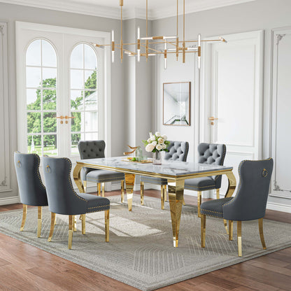 70"Modern Rectangle Faux Marble Dining Table Set for 5-7 Piece Luxury Rectangle Faux Marble Table with 4/6 Velvet Tufted Chairs - Elegant Kitchen and Dining Room Furniture, Silver/Gold Finish， Luxury Dining Table Set