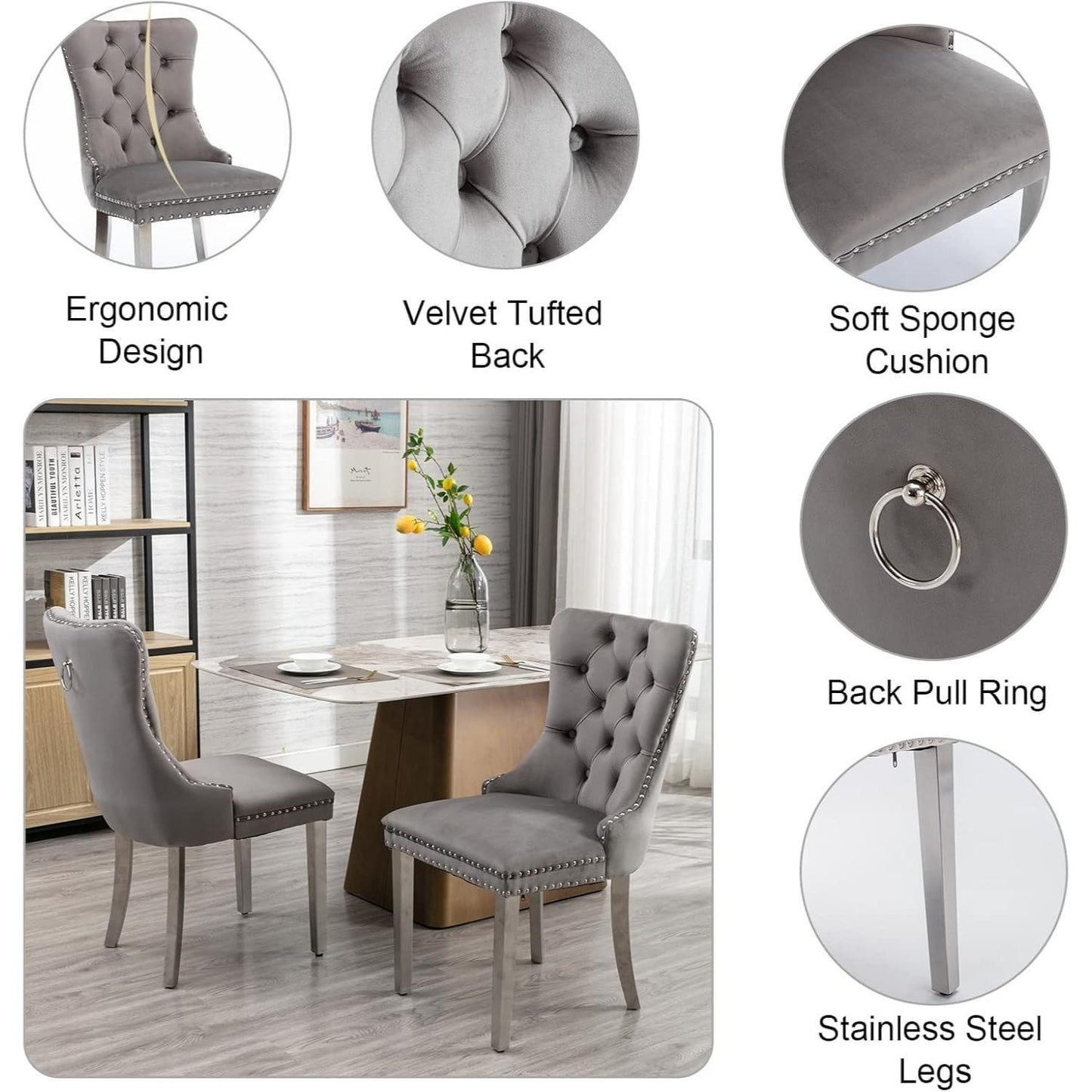 7 Piece Marble Dining Table Set, 70" Faux Marble Dining Table and Velvet Chairs for 6, 7 Piece Luxury Dining Room Table Set and 6 Upholstered Chairs with Stainless Steel Legs