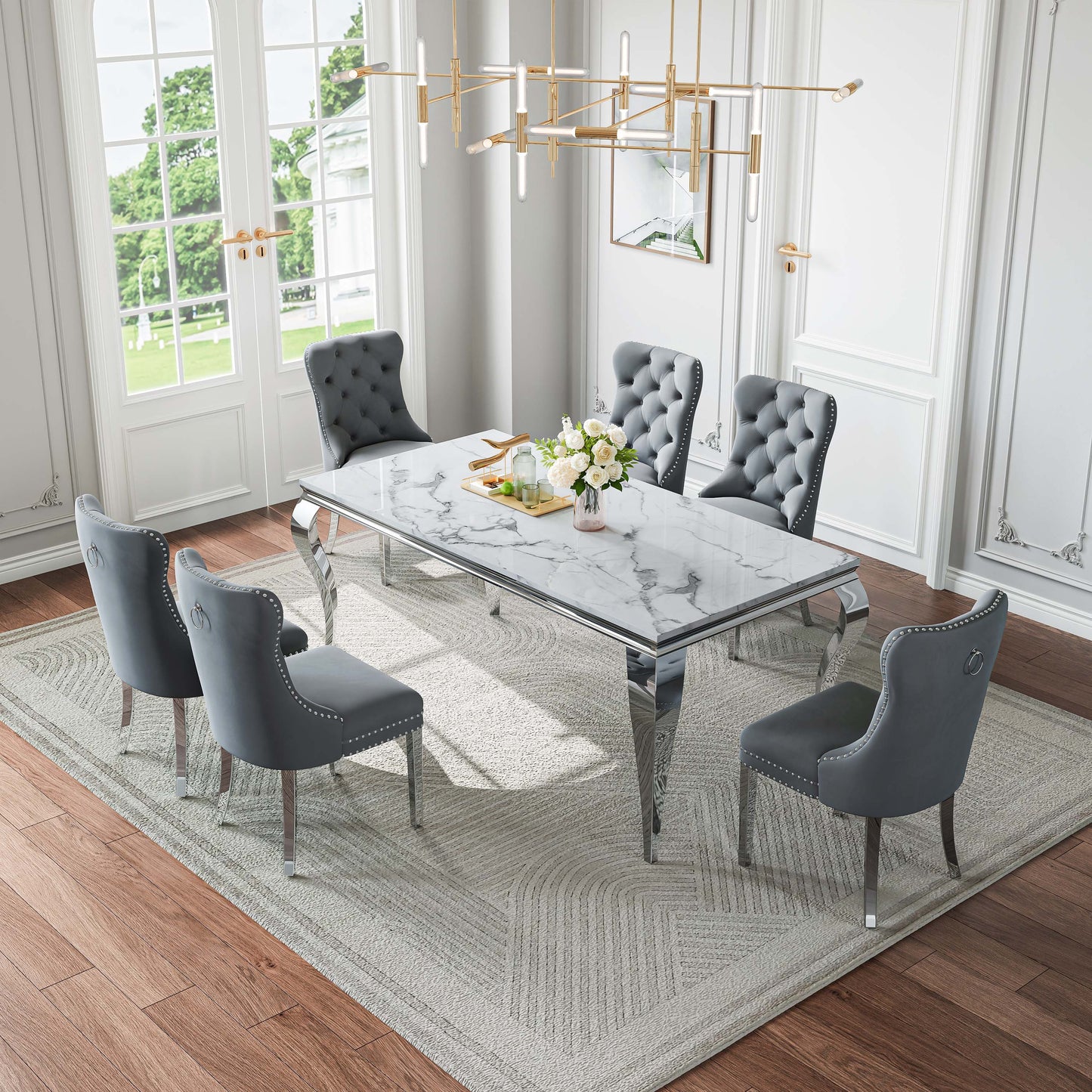 70"Modern Rectangle Faux Marble Dining Table Set for 5-7 Piece Luxury Rectangle Faux Marble Table with 4/6 Velvet Tufted Chairs - Elegant Kitchen and Dining Room Furniture, Silver/Gold Finish， Luxury Dining Table Set