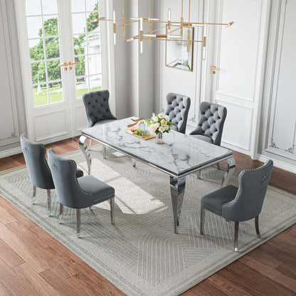70"Modern Rectangle Faux Marble Dining Table Set for 5-7 Piece Luxury Rectangle Faux Marble Table with 4/6 Velvet Tufted Chairs - Elegant Kitchen and Dining Room Furniture, Silver/Gold Finish， Luxury Dining Table Set