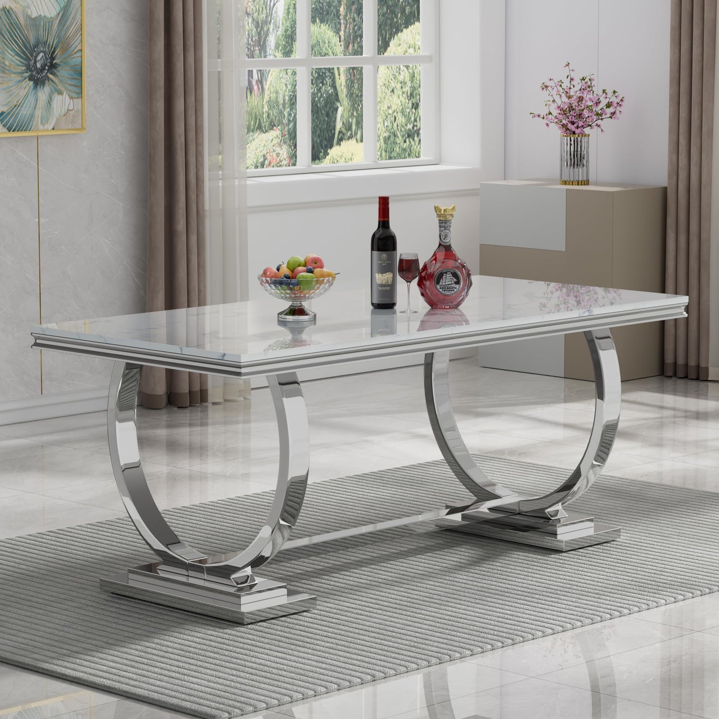 7 Piece Marble Dining Table Set, 70" Faux Marble Dining Table and Velvet Chairs for 6, 7 Piece Luxury Dining Room Table Set and 6 Upholstered Chairs with Stainless Steel Legs