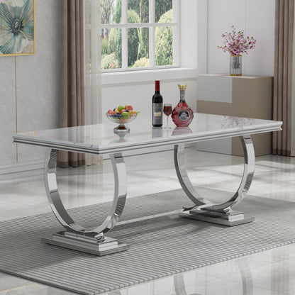 7 Piece Marble Dining Table Set, 70" Faux Marble Dining Table and Velvet Chairs for 6, 7 Piece Luxury Dining Room Table Set and 6 Upholstered Chairs with Stainless Steel Legs
