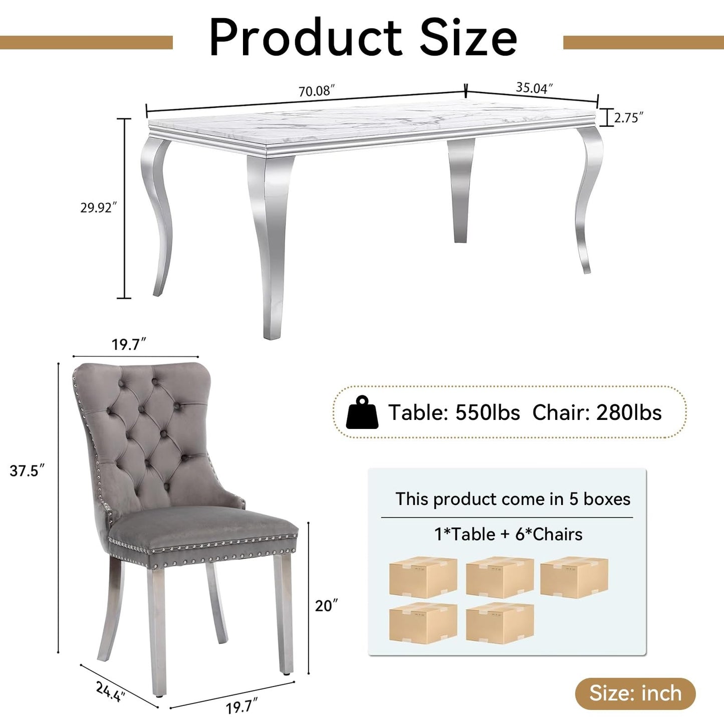 70"Modern Rectangle Faux Marble Dining Table Set for 5-7 Piece Luxury Rectangle Faux Marble Table with 4/6 Velvet Tufted Chairs - Elegant Kitchen and Dining Room Furniture, Silver/Gold Finish， Luxury Dining Table Set