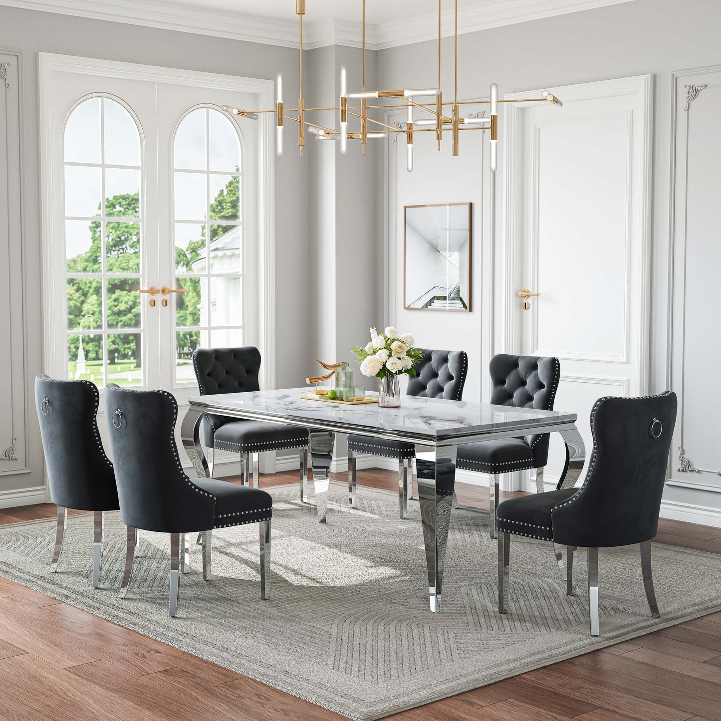 70"Modern Rectangle Faux Marble Dining Table Set for 5-7 Piece Luxury Rectangle Faux Marble Table with 4/6 Velvet Tufted Chairs - Elegant Kitchen and Dining Room Furniture, Silver/Gold Finish， Luxury Dining Table Set