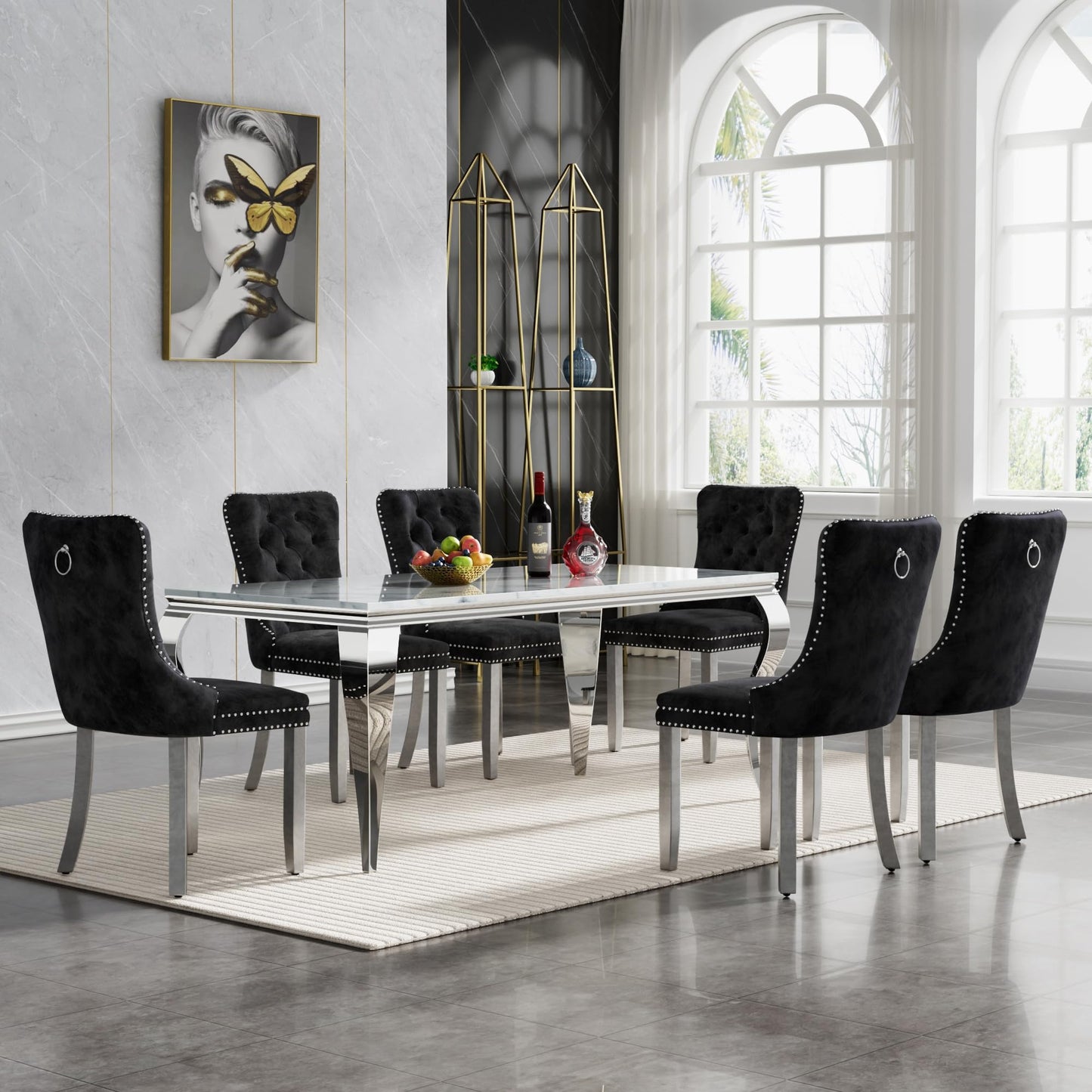 70"Modern Rectangle Faux Marble Dining Table Set for 5-7 Piece Luxury Rectangle Faux Marble Table with 4/6 Velvet Tufted Chairs - Elegant Kitchen and Dining Room Furniture, Silver/Gold Finish， Luxury Dining Table Set
