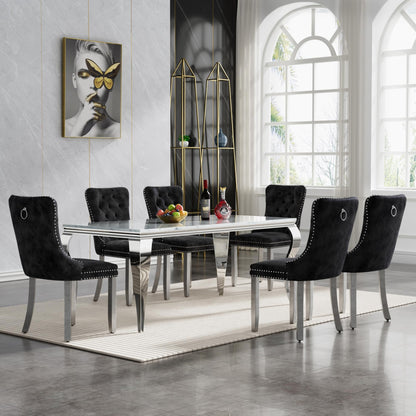 70"Modern Rectangle Faux Marble Dining Table Set for 5-7 Piece Luxury Rectangle Faux Marble Table with 4/6 Velvet Tufted Chairs - Elegant Kitchen and Dining Room Furniture, Silver/Gold Finish， Luxury Dining Table Set