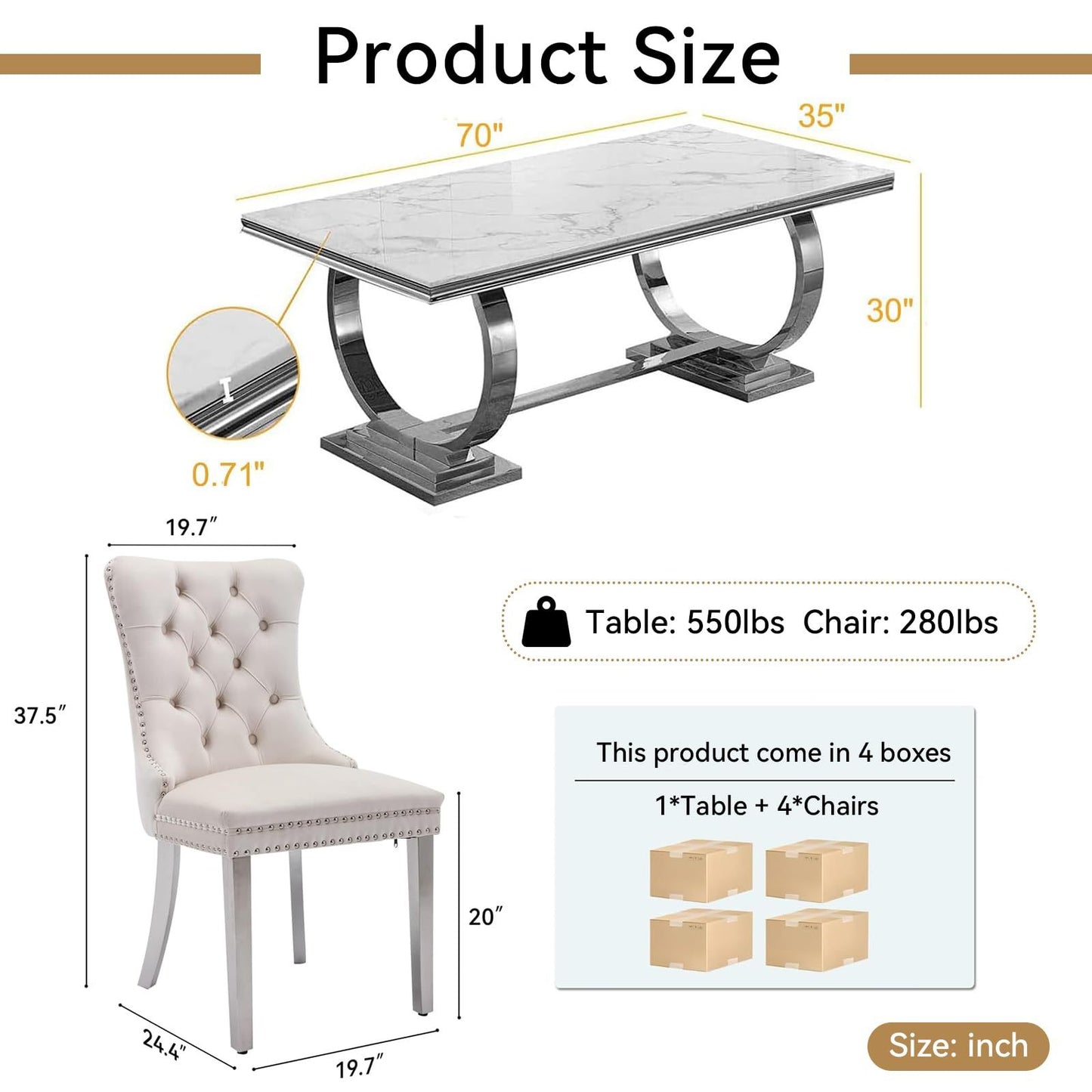 7 Piece Marble Dining Table Set, 70" Faux Marble Dining Table and Velvet Chairs for 6, 7 Piece Luxury Dining Room Table Set and 6 Upholstered Chairs with Stainless Steel Legs