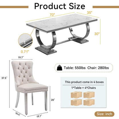 7 Piece Marble Dining Table Set, 70" Faux Marble Dining Table and Velvet Chairs for 6, 7 Piece Luxury Dining Room Table Set and 6 Upholstered Chairs with Stainless Steel Legs