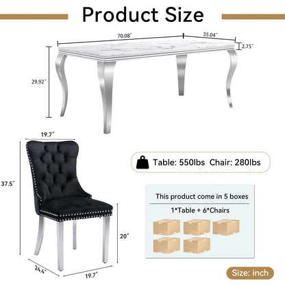 70"Modern Rectangle Faux Marble Dining Table Set for 5-7 Piece Luxury Rectangle Faux Marble Table with 4/6 Velvet Tufted Chairs - Elegant Kitchen and Dining Room Furniture, Silver/Gold Finish， Luxury Dining Table Set