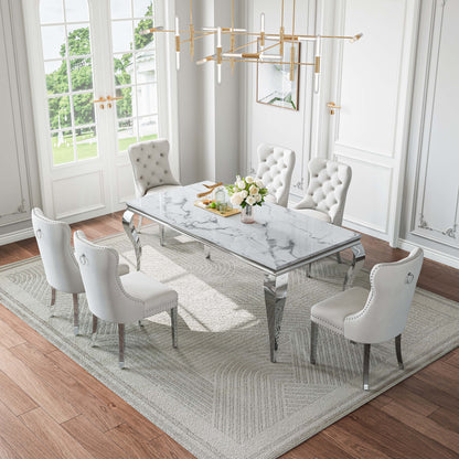 70"Modern Rectangle Faux Marble Dining Table Set for 5-7 Piece Luxury Rectangle Faux Marble Table with 4/6 Velvet Tufted Chairs - Elegant Kitchen and Dining Room Furniture, Silver/Gold Finish， Luxury Dining Table Set