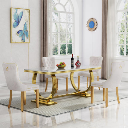 7 Piece Marble Dining Table Set, 70" Faux Marble Dining Table and Velvet Chairs for 6, 7 Piece Luxury Dining Room Table Set and 6 Upholstered Chairs with Stainless Steel Legs