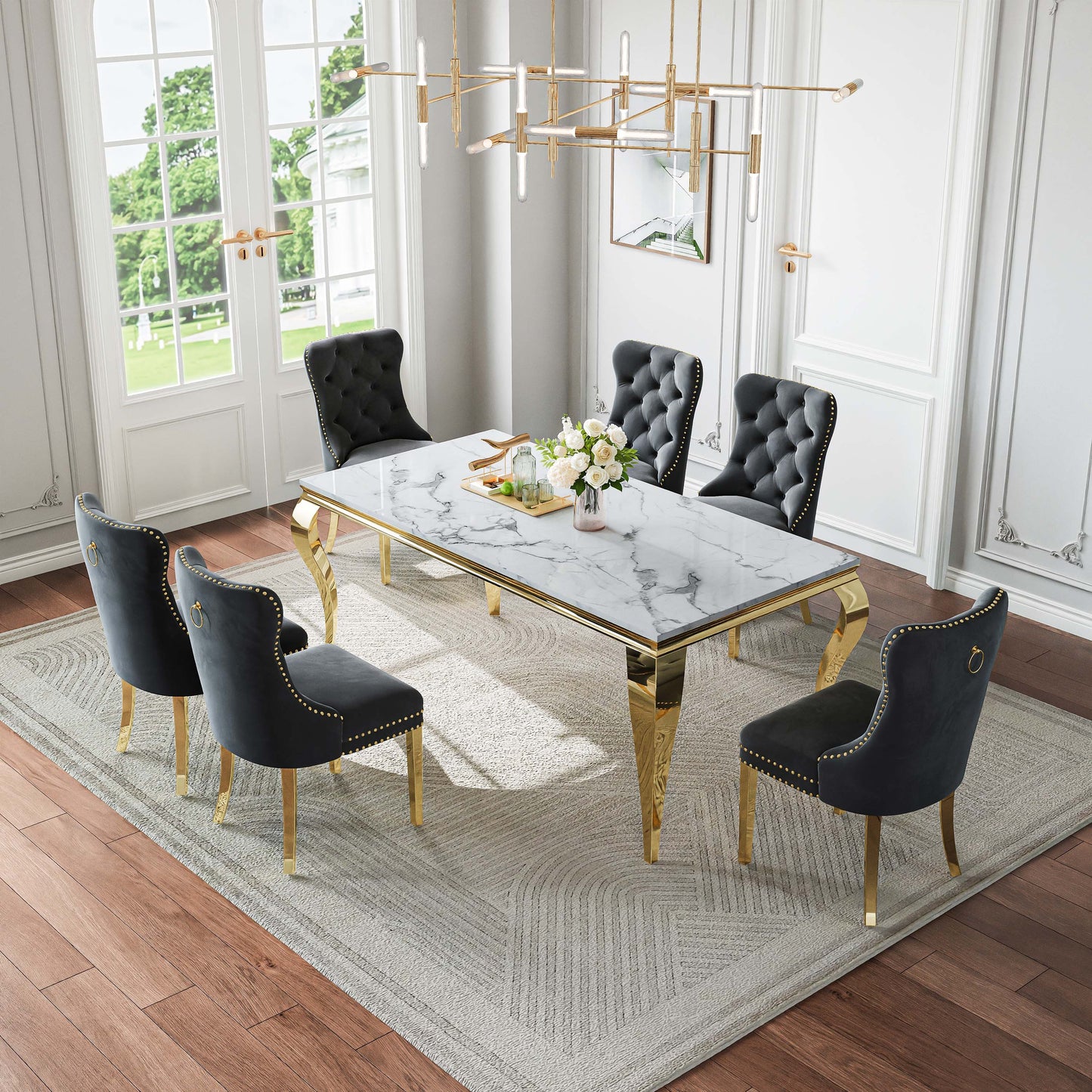 70"Modern Rectangle Faux Marble Dining Table Set for 5-7 Piece Luxury Rectangle Faux Marble Table with 4/6 Velvet Tufted Chairs - Elegant Kitchen and Dining Room Furniture, Silver/Gold Finish， Luxury Dining Table Set