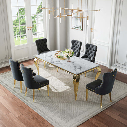 70"Modern Rectangle Faux Marble Dining Table Set for 5-7 Piece Luxury Rectangle Faux Marble Table with 4/6 Velvet Tufted Chairs - Elegant Kitchen and Dining Room Furniture, Silver/Gold Finish， Luxury Dining Table Set