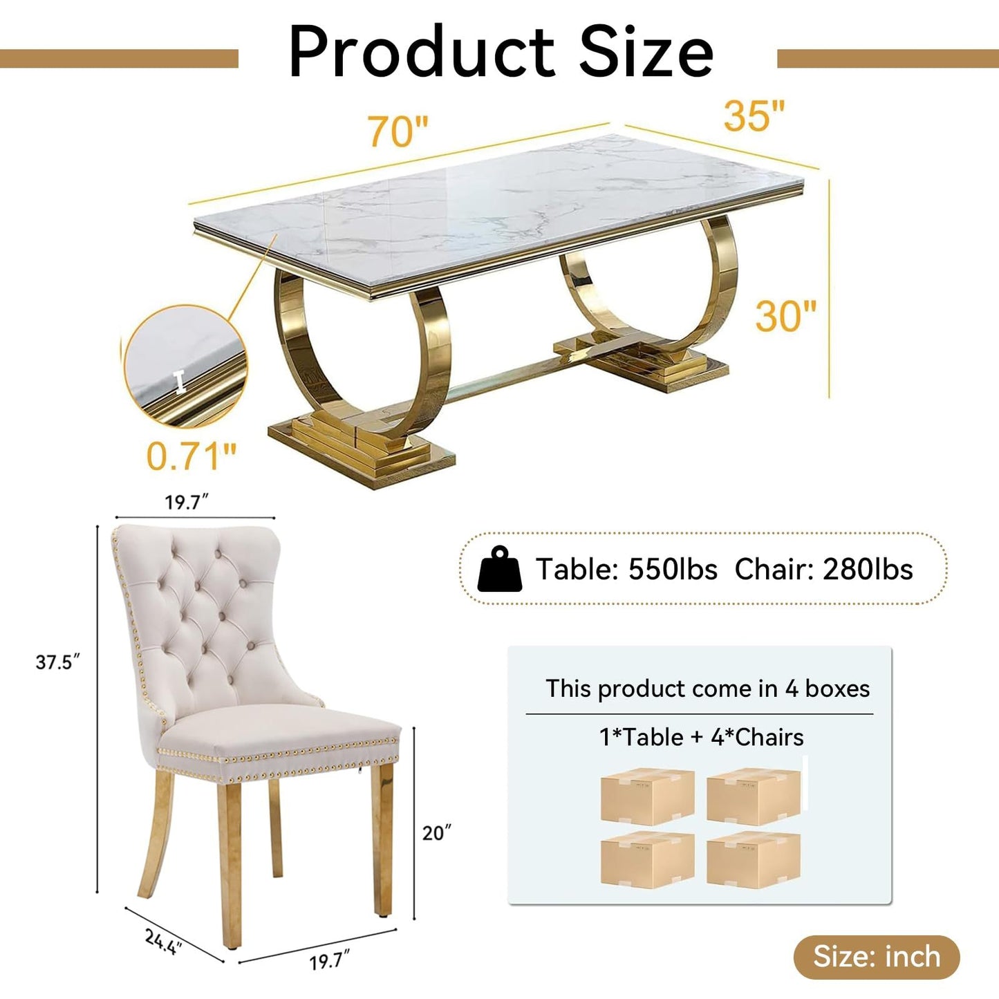 7 Piece Marble Dining Table Set, 70" Faux Marble Dining Table and Velvet Chairs for 6, 7 Piece Luxury Dining Room Table Set and 6 Upholstered Chairs with Stainless Steel Legs