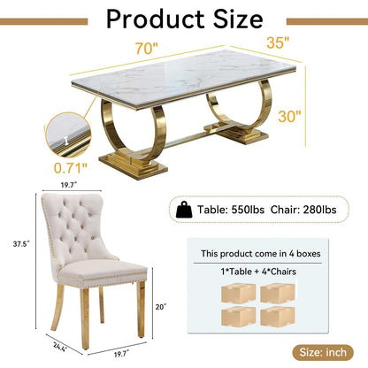 7 Piece Marble Dining Table Set, 70" Faux Marble Dining Table and Velvet Chairs for 6, 7 Piece Luxury Dining Room Table Set and 6 Upholstered Chairs with Stainless Steel Legs