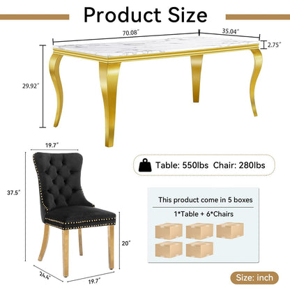 70"Modern Rectangle Faux Marble Dining Table Set for 5-7 Piece Luxury Rectangle Faux Marble Table with 4/6 Velvet Tufted Chairs - Elegant Kitchen and Dining Room Furniture, Silver/Gold Finish， Luxury Dining Table Set