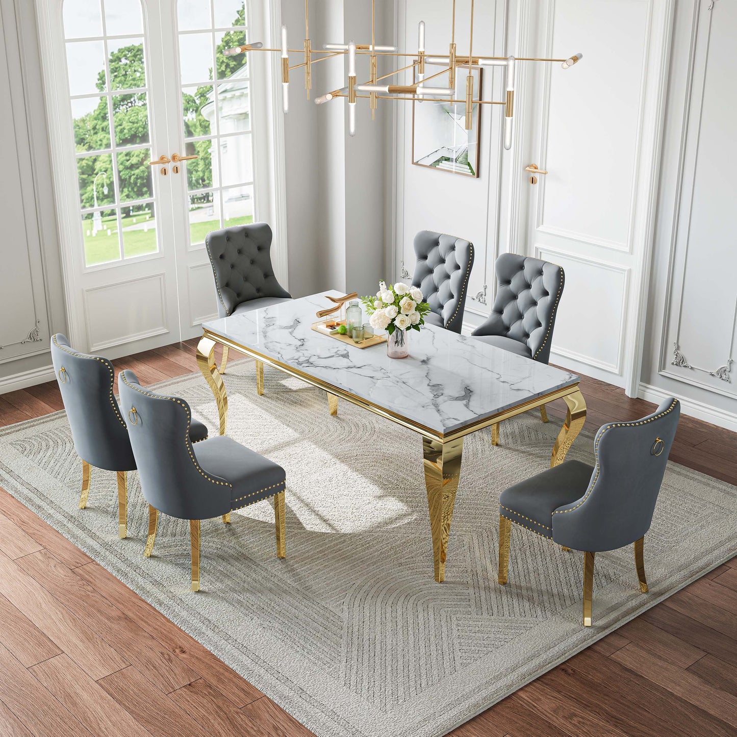 70"Modern Rectangle Faux Marble Dining Table Set for 5-7 Piece Luxury Rectangle Faux Marble Table with 4/6 Velvet Tufted Chairs - Elegant Kitchen and Dining Room Furniture, Silver/Gold Finish， Luxury Dining Table Set