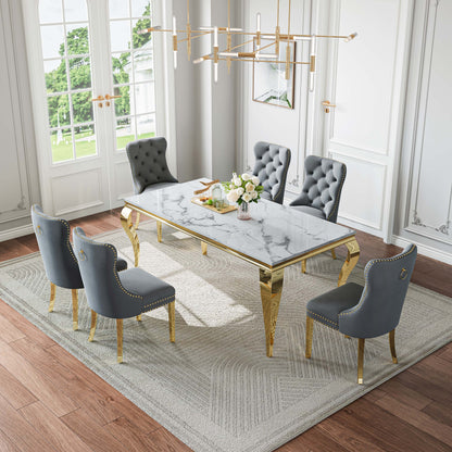 70"Modern Rectangle Faux Marble Dining Table Set for 5-7 Piece Luxury Rectangle Faux Marble Table with 4/6 Velvet Tufted Chairs - Elegant Kitchen and Dining Room Furniture, Silver/Gold Finish， Luxury Dining Table Set