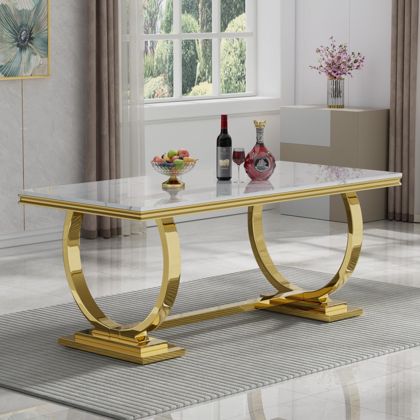 7 Piece Marble Dining Table Set, 70" Faux Marble Dining Table and Velvet Chairs for 6, 7 Piece Luxury Dining Room Table Set and 6 Upholstered Chairs with Stainless Steel Legs