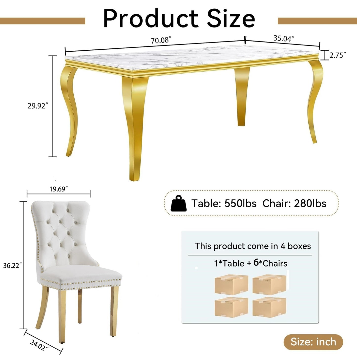 70"Modern Rectangle Faux Marble Dining Table Set for 5-7 Piece Luxury Rectangle Faux Marble Table with 4/6 Velvet Tufted Chairs - Elegant Kitchen and Dining Room Furniture, Silver/Gold Finish， Luxury Dining Table Set