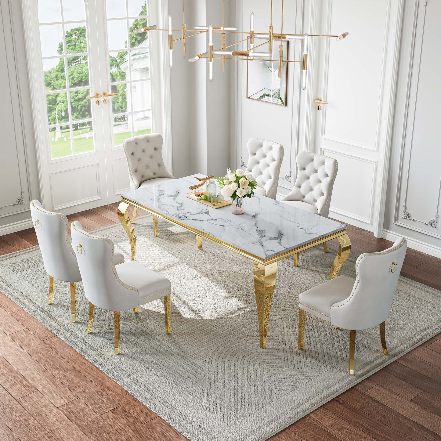 70"Modern Rectangle Faux Marble Dining Table Set for 5-7 Piece Luxury Rectangle Faux Marble Table with 4/6 Velvet Tufted Chairs - Elegant Kitchen and Dining Room Furniture, Silver/Gold Finish， Luxury Dining Table Set