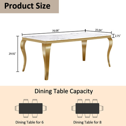 70"Modern Rectangle Faux Marble Dining Table Set for 5-7 Piece Luxury Rectangle Faux Marble Table with 4/6 Velvet Tufted Chairs - Elegant Kitchen and Dining Room Furniture, Silver/Gold Finish， Luxury Dining Table Set