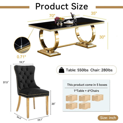 7 Piece Marble Dining Table Set, 70" Faux Marble Dining Table and Velvet Chairs for 6, 7 Piece Luxury Dining Room Table Set and 6 Upholstered Chairs with Stainless Steel Legs