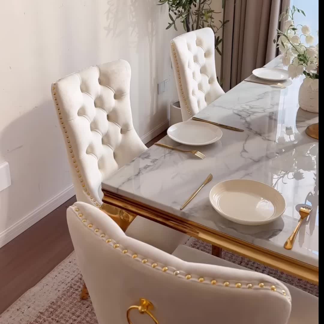 70"Modern Rectangle Faux Marble Dining Table Set for 5-7 Piece Luxury Rectangle Faux Marble Table with 4/6 Velvet Tufted Chairs - Elegant Kitchen and Dining Room Furniture, Silver/Gold Finish， Luxury Dining Table Set