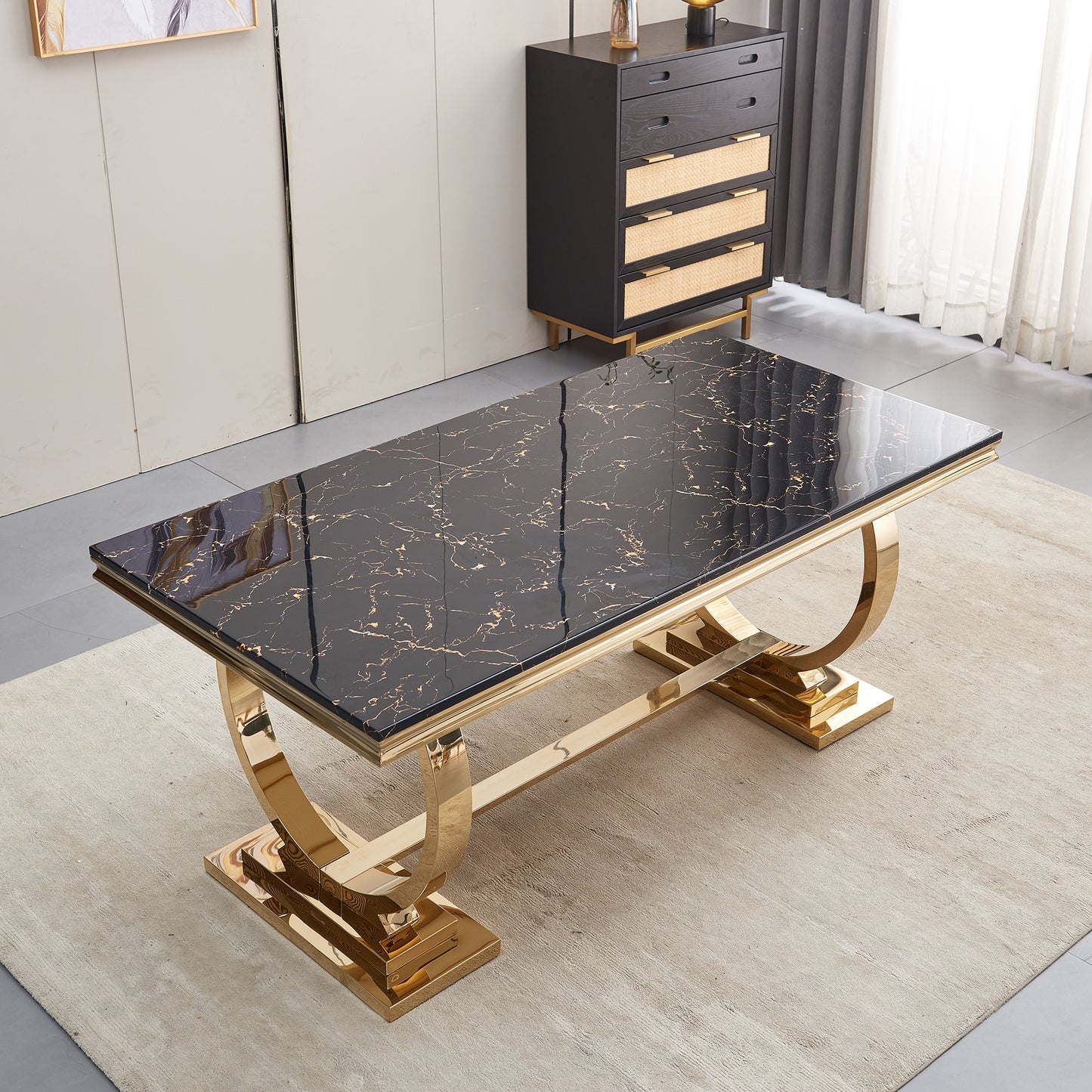 7 Piece Marble Dining Table Set, 70" Faux Marble Dining Table and Velvet Chairs for 6, 7 Piece Luxury Dining Room Table Set and 6 Upholstered Chairs with Stainless Steel Legs
