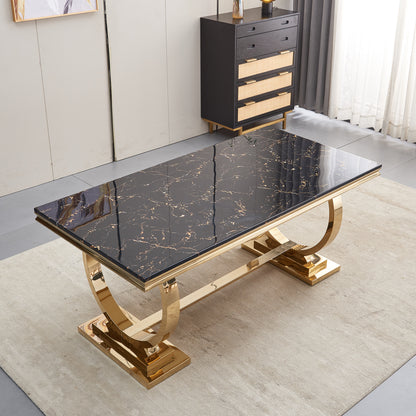 7 Piece Marble Dining Table Set, 70" Faux Marble Dining Table and Velvet Chairs for 6, 7 Piece Luxury Dining Room Table Set and 6 Upholstered Chairs with Stainless Steel Legs