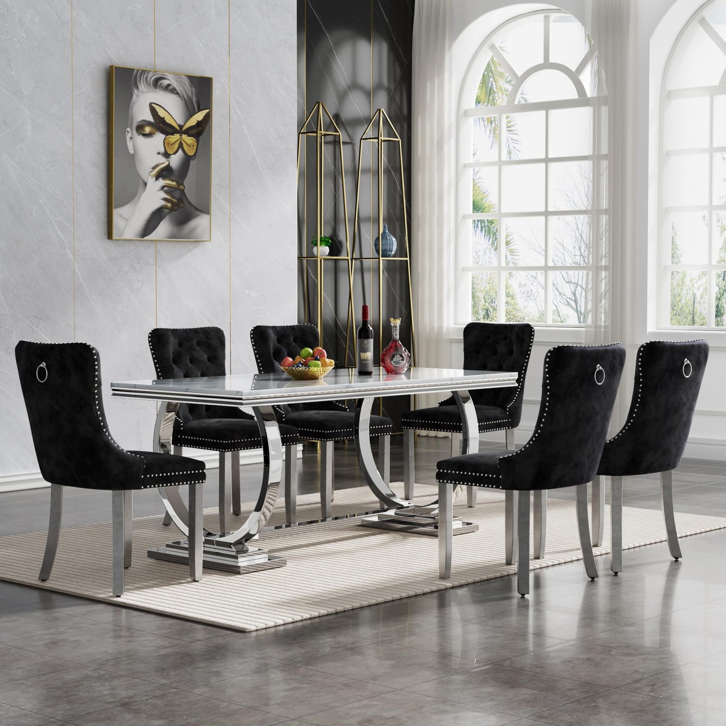 7 Piece Marble Dining Table Set, 70" Faux Marble Dining Table and Velvet Chairs for 6, 7 Piece Luxury Dining Room Table Set and 6 Upholstered Chairs with Stainless Steel Legs