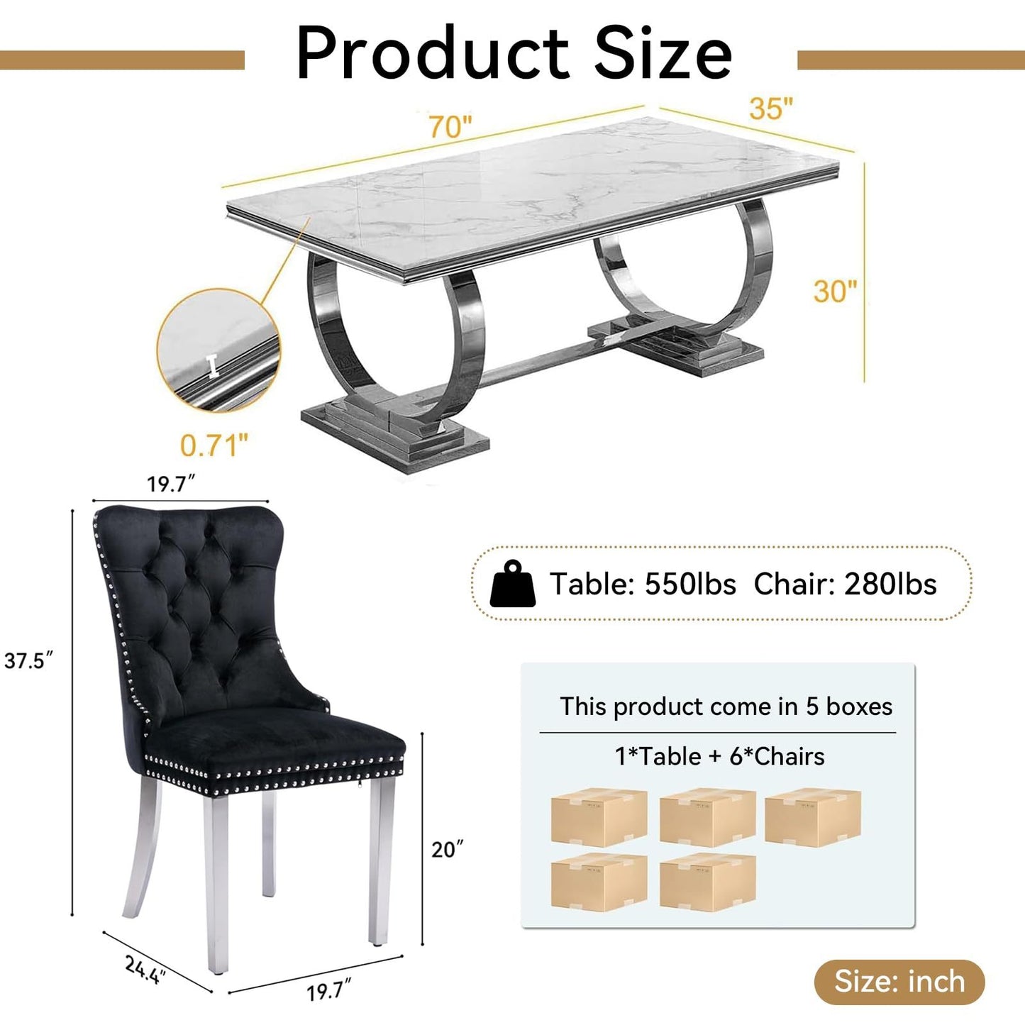 7 Piece Marble Dining Table Set, 70" Faux Marble Dining Table and Velvet Chairs for 6, 7 Piece Luxury Dining Room Table Set and 6 Upholstered Chairs with Stainless Steel Legs