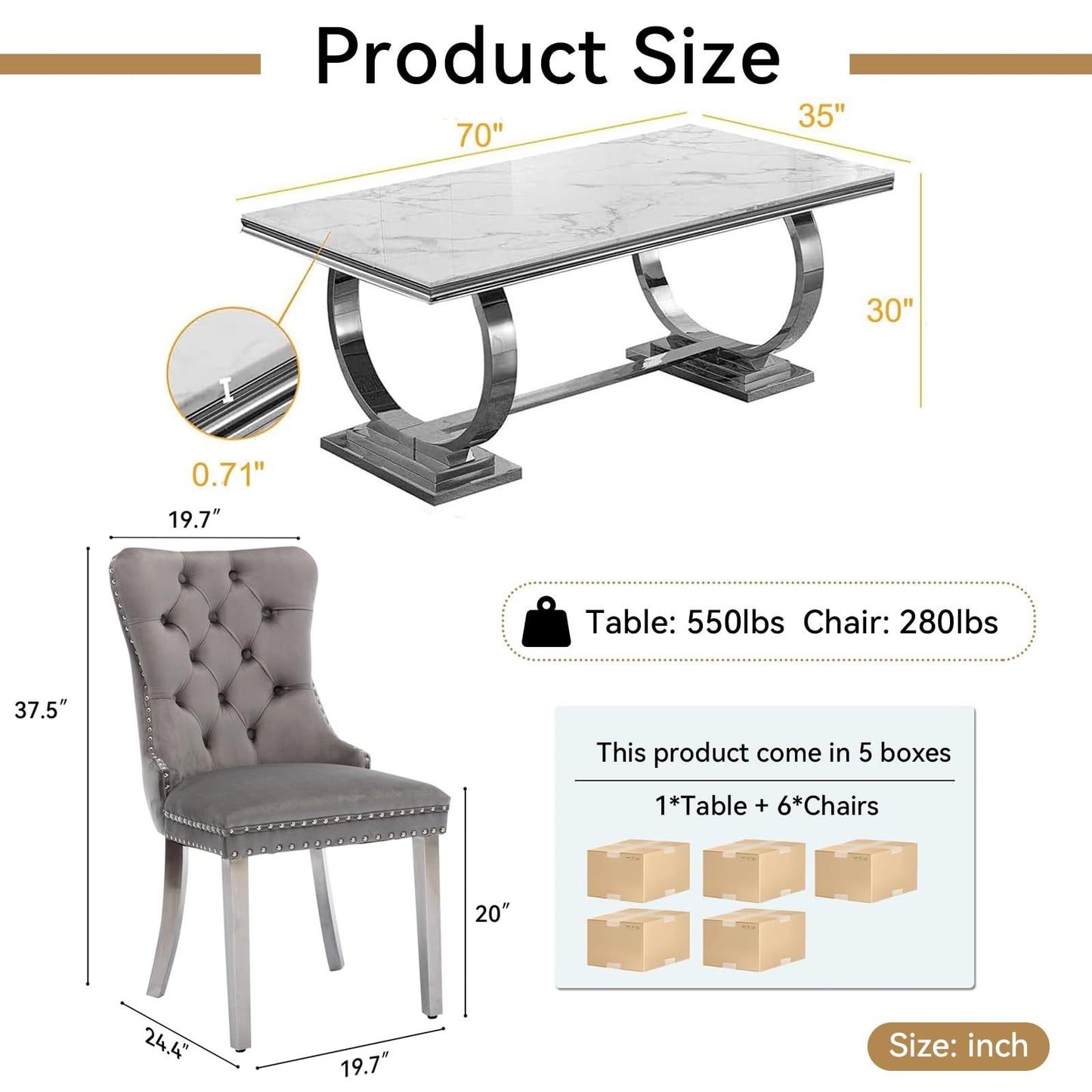 7 Piece Marble Dining Table Set, 70" Faux Marble Dining Table and Velvet Chairs for 6, 7 Piece Luxury Dining Room Table Set and 6 Upholstered Chairs with Stainless Steel Legs