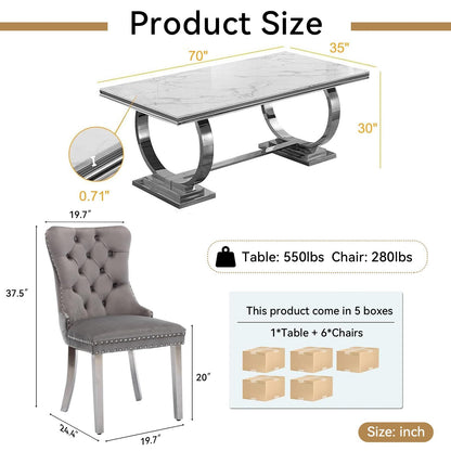 7 Piece Marble Dining Table Set, 70" Faux Marble Dining Table and Velvet Chairs for 6, 7 Piece Luxury Dining Room Table Set and 6 Upholstered Chairs with Stainless Steel Legs