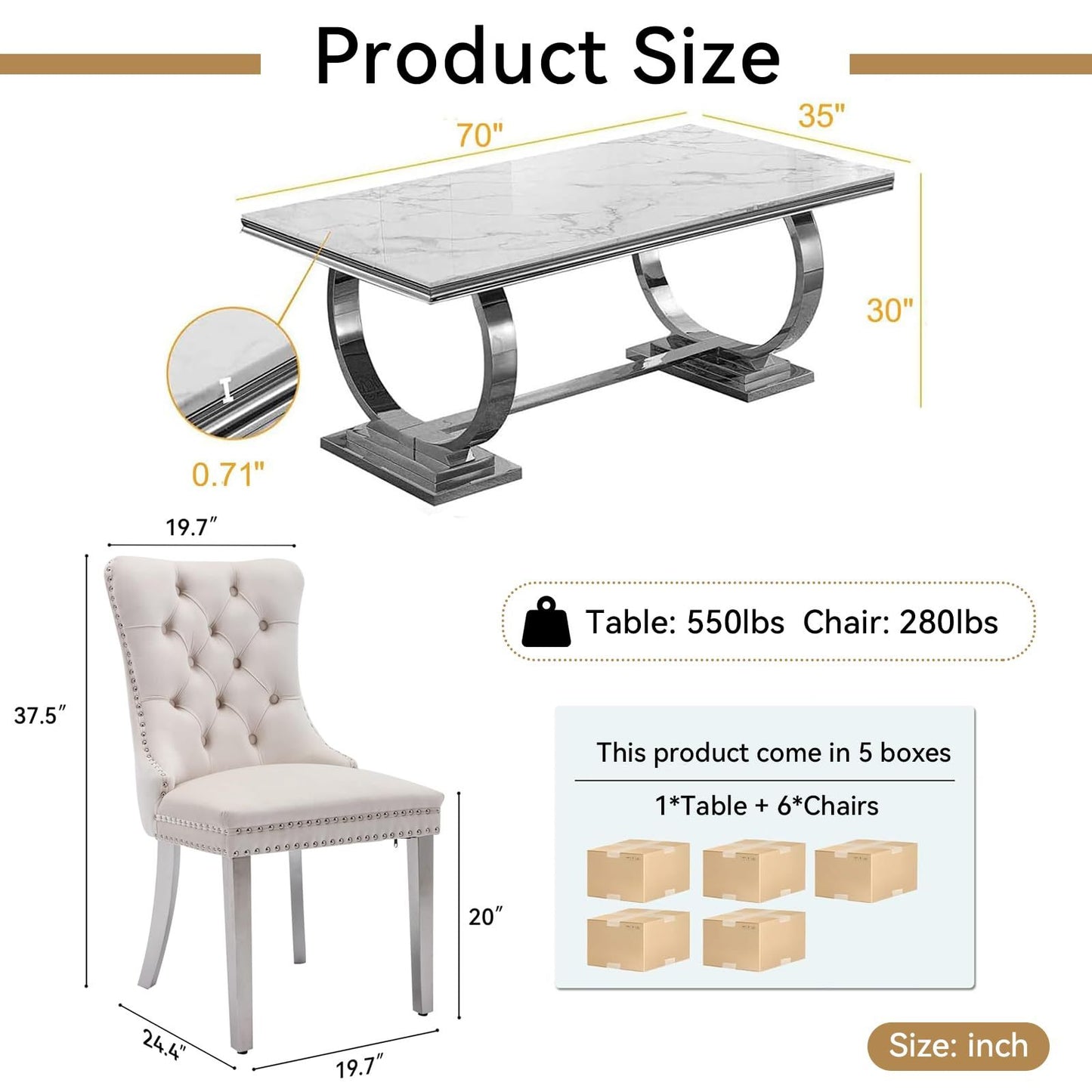 7 Piece Marble Dining Table Set, 70" Faux Marble Dining Table and Velvet Chairs for 6, 7 Piece Luxury Dining Room Table Set and 6 Upholstered Chairs with Stainless Steel Legs